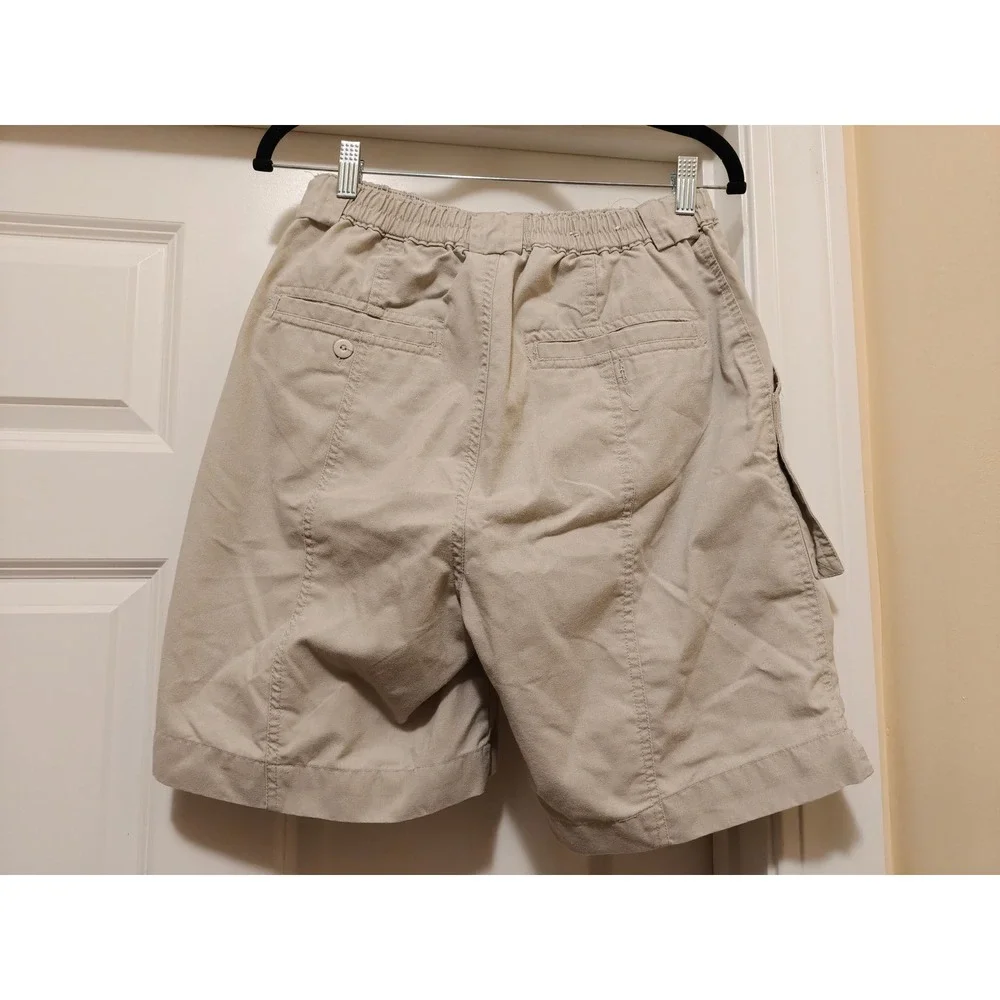 Vintage Bugle Boy Mens Khaki Cargo Shorts Elastic Waist Tan Size 32 W-28 Utility